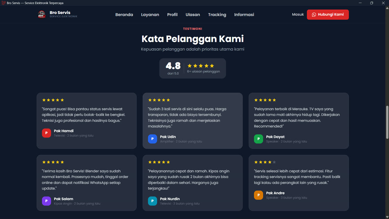Beranda Bro Servis — testimoni pelanggan