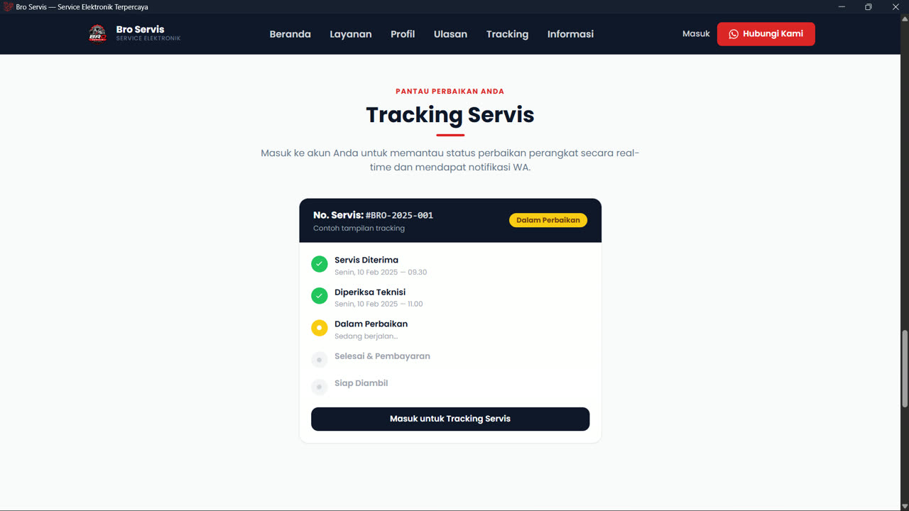 Beranda Bro Servis — preview tracking servis